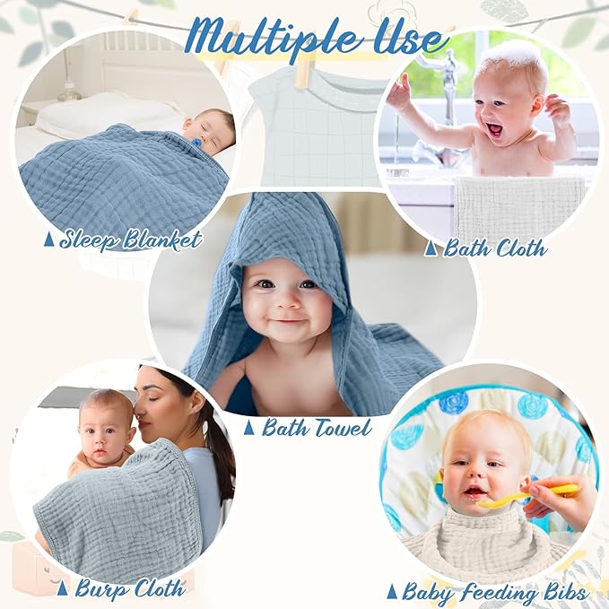 VitalCozy 8 Pcs Baby Muslin Hooded Bath Towels and Washcloths, Muslin Hooded Baby Towels Absorbent Blankets for Gift Newborn Infant Shower (Blue,White)