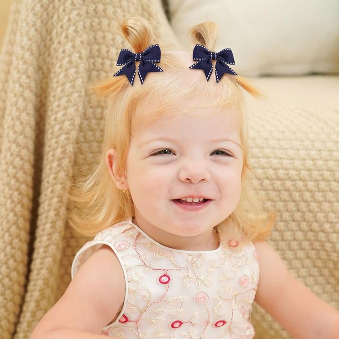 YHXX YLEN Hair Bows for Girls 10 PCS Fully Lined Navy Blue Hair Clips Tiny 2" Grosgrain Stitch Edge Alligator Clips for Baby Girls Infants Toddlers in Pairs