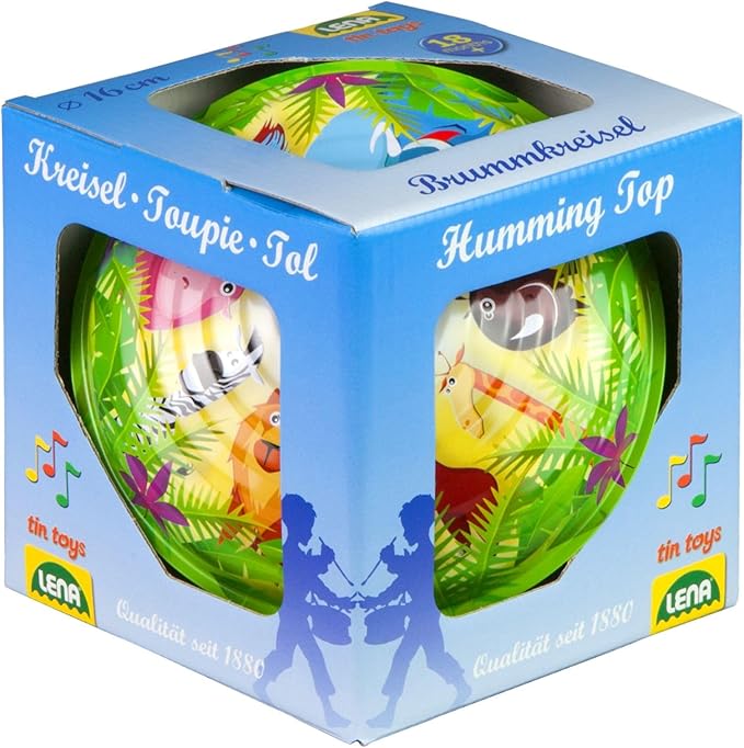Lena 52263 tin Toys Humming Jungle Ø 16 cm, Spinning, Classical Pump Action, Metal Animal Motif, top with Stand, for Children from 18 Months