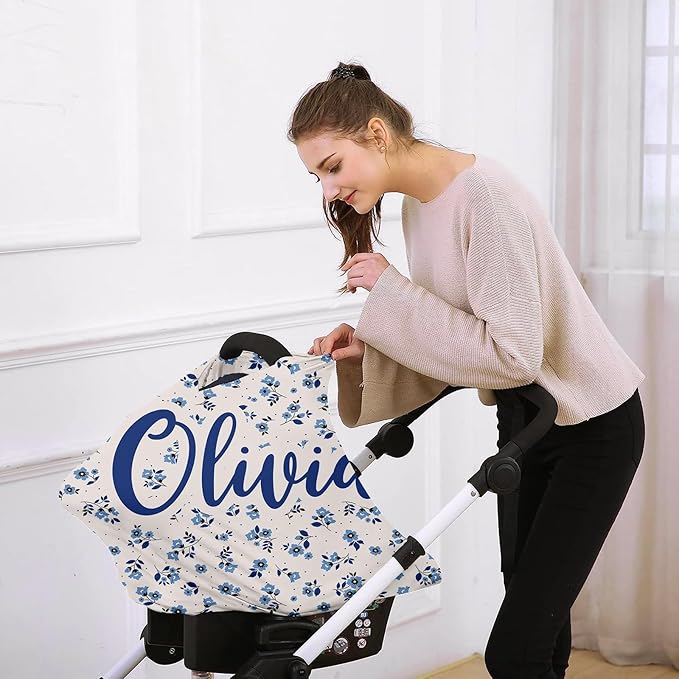 Custom Name Car Seat Canopy - Baby Car Seat Covers, Infant Stroller Cover, Carseat Canopy Christmas Birthday Gifts for Girls and Boys Blue Flower Printing