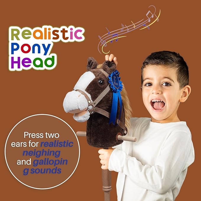 HollyHOME Stick Horse Plush with Detachable Blue Ribbon Champion Hobby Horse on Stick with Wood Wheels Real Pony Neighing for Kids Toddlers Chocolate 36 Inches(AA Batteries Required)