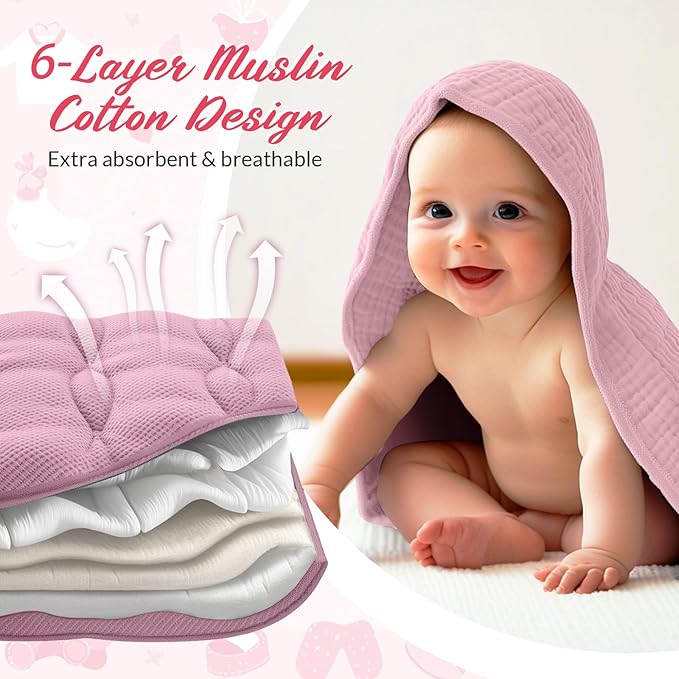 Hahafelt 6 Pcs Muslin Hooded Bath Towels Washcloths and Bibs Set, Muslin Cotton Baby Towels Absorbent Hooded Blanket Towel Infant Bibs for Boys Girls Newborn Infant Essential(Pink,Rose)