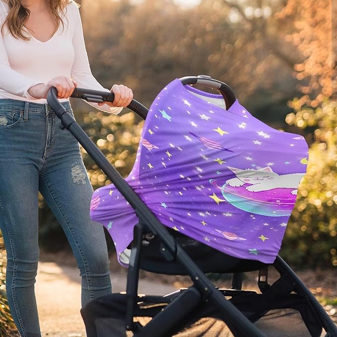 GIFTPUZZ White Cat Baby Car Seat Cover, Breastfeeding Scarf, Nursing Cover Stretchy Breathable Adjustable Infant Newborn Car Cover Protection, Infant Stroller Covers, Carseat Canopy