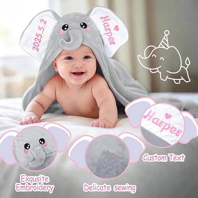 Custom Hooded Baby Towels with Name, Personalized Bunny Easter Gifts for Toddlers, Custom Baby Bath Towels for Newborn, Ultra Soft and Absorbent, Ideal for Girl Boy (Elephant)