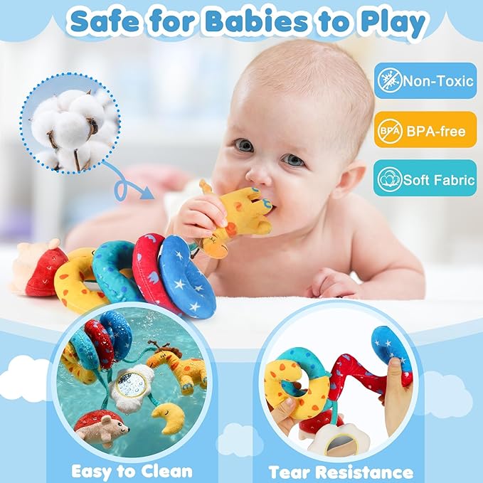 URMYWO Spiral Car Seat Toys for Babies 0-6 Months, Hanging Toy Fits Stroller, Sensory Baby Toy with Bell Crinkle Mirror, Newborn Shower Gifts for Baby Boys and Girls Essentials Stuff