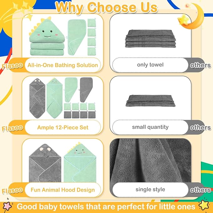 Flasoo 12 Pcs Baby Towel Set, Soft Baby Bath Towels and Washcloths Set, 2 Pcs Hooded Baby Towel, 2 Pcs Baby Burp Cloths and 8 Pcs Baby Washcloths for Infants, Toddlers and Kids (Dinosaurs & Elephants)