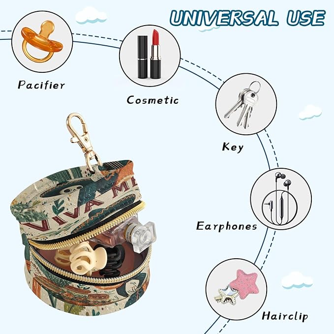 Pacifier Holder with Clip Pacifier Case for Diaper Bag Round Baby Pacifier Pouch Box Bag Portable Mexico Skull Guitar Cactus Beige