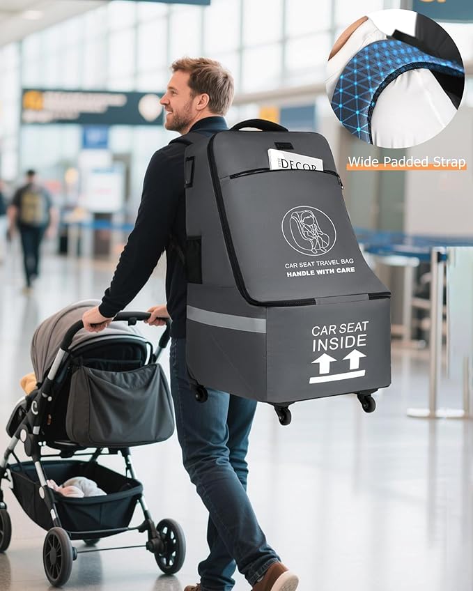 MCBD Car Seat Travel Bag for Airplane, Foldable Baby Carseat Backpack for Travel Padded Carseat Carrier for Airport Gate Check, Infant Stroller Cover with Reflective Strips