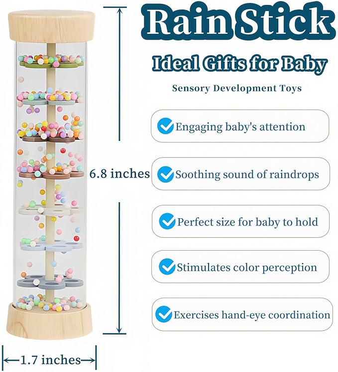 Oneshow Wooden Rain Stick Montessori Toys for Babies 36 Months, Rain Sticks for Kids, Baby Rattle Sensory Toy with Calming Rain Sounds, Toddler Educational Gifts for 3-Year-Olds - 6.8"