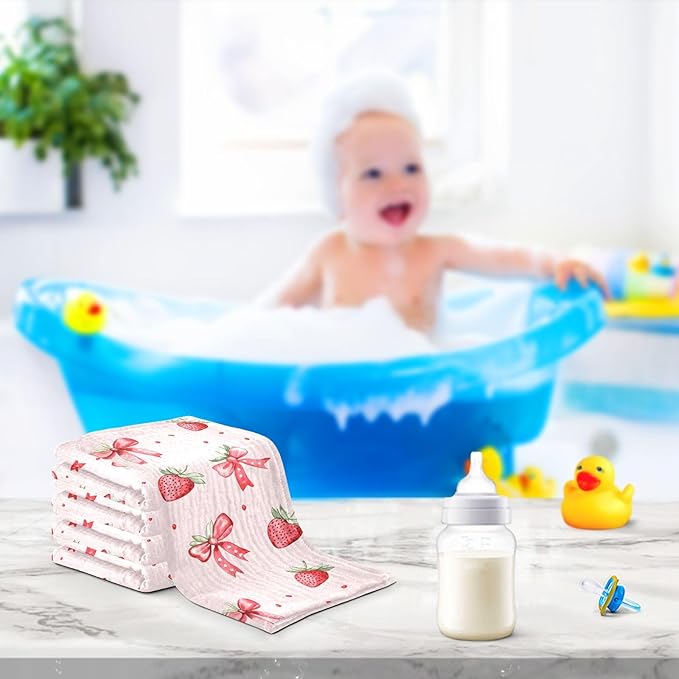 Baby Gauze Towels for Kids Soft Handkerchief Newborn 100% Cotton Strawberry Bows Cute Absorbent 12x12 Inch 3 Pack