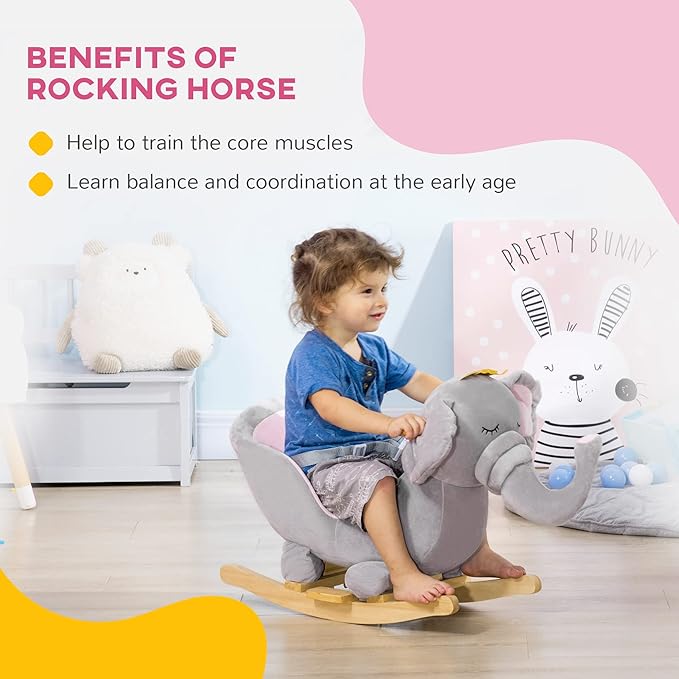 Qaba Baby Rocking Horse Elephant Rocking Chair Toddler Rocker Toy with Sound Wooden Base Seat Safety Belt for 1.5-3 Year Old, Gray