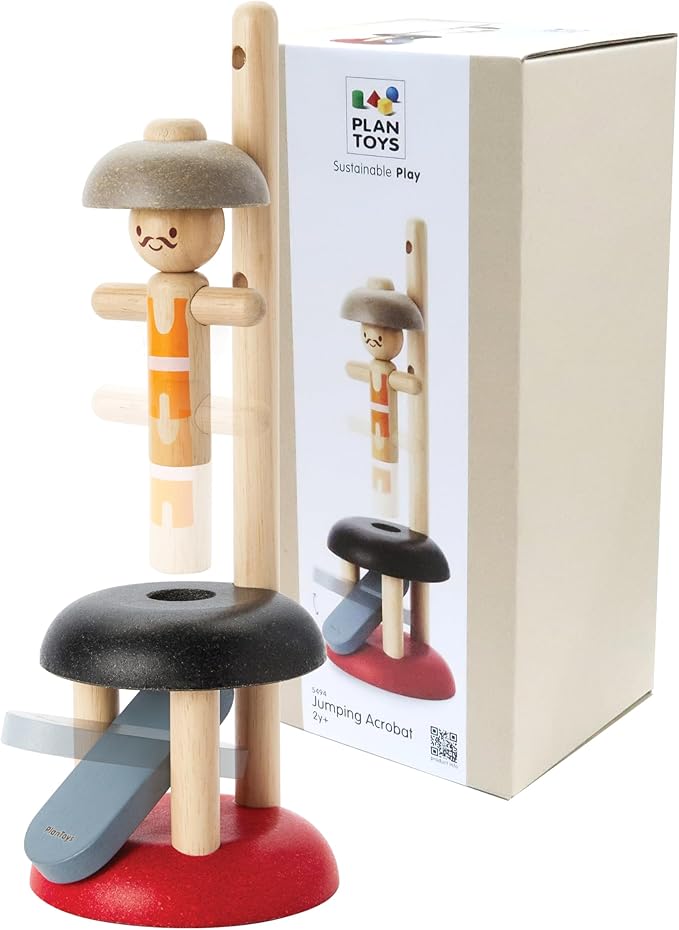 PlanToys® Wooden Jumping Acrobat Toy | Montessori Inspired Cause & Effect Toy for Force Control, Coordination & Reaction Play | Eco Friendly Push & Jump Learning Activity