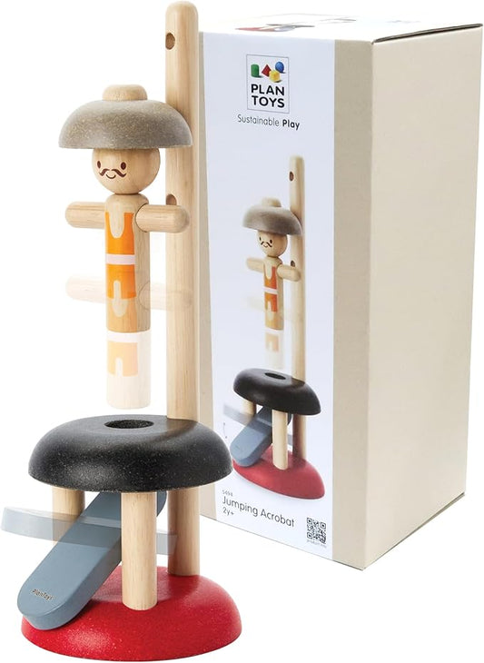 PlanToys® Wooden Jumping Acrobat Toy | Montessori Inspired Cause & Effect Toy for Force Control, Coordination & Reaction Play | Eco Friendly Push & Jump Learning Activity