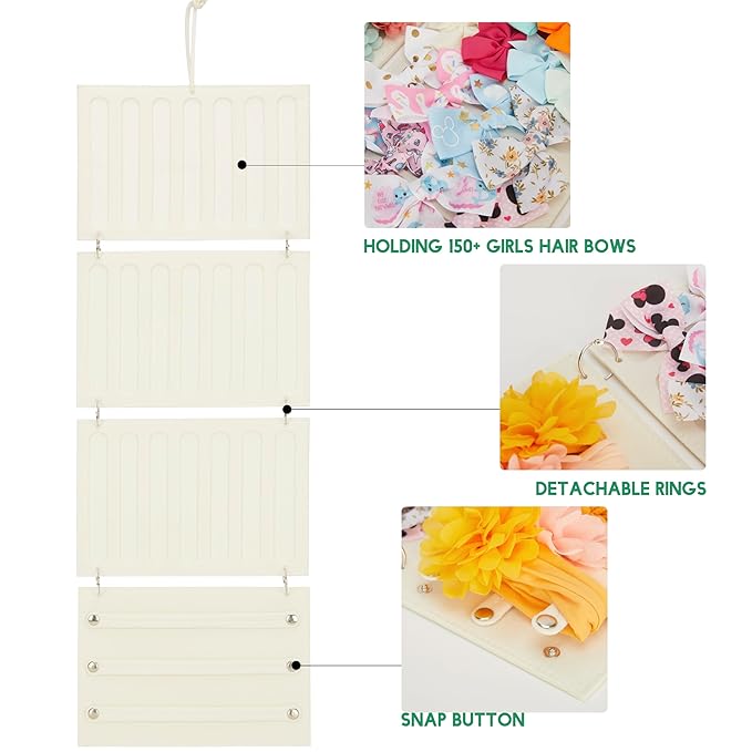 Bow Organizer for Baby Girls, Hanging Hair Bow Holder Organizer, Hair Accessories Storage for Hair Clips, Hair Bows, Headbands, Hair Claws and More(4-Panel, Beige)