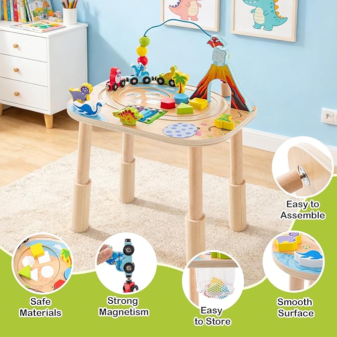 Activity Table for 1 Year Old with Two Height Levels,Wooden Sensory Play Table for Toddlers 1-3,8 in 1 Montessori Learning Toy with Bead Maze, Shape Sorter,Train,Gift for Baby Boys Girls (Dinosaur)