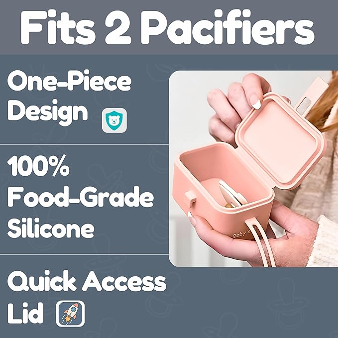 Baby's Aid Silicone Pacifier Case, No Open Slot with Patented Closure, Dishwasher Safe, Attaches to Diaper Bag or Stroller, Holds 2 Pacifiers, (Blush)