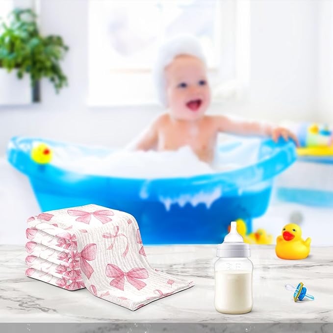 Burbuja Pink Bow Baby Washcloths - Muslin Cotton Soft Absorbent Baby Towel for Newborn Baby Sensitive Skin - Baby Essential Item, 12x12 in, 3 Pack