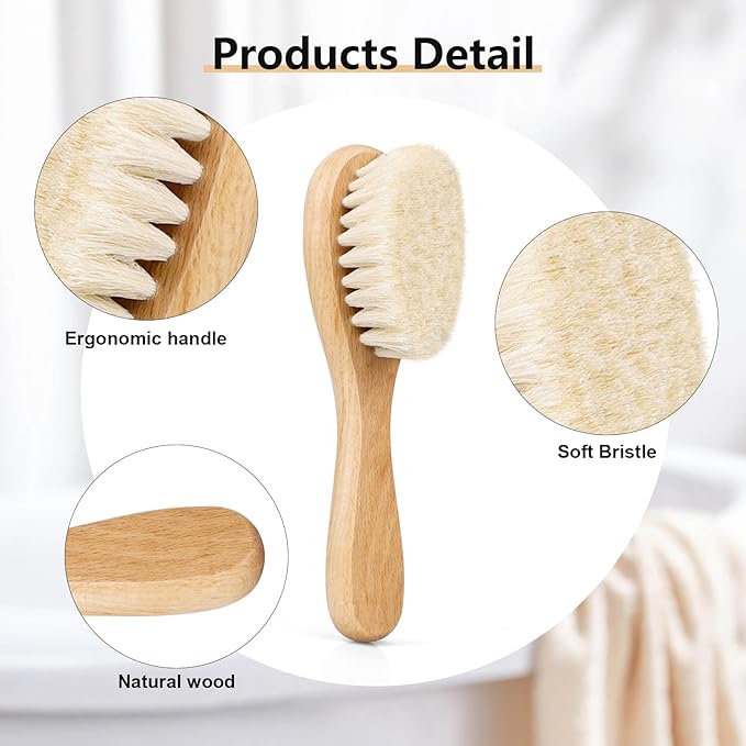 Baby Hair Brush, Goat Bristles Brush and Rose Red Baby Silicone Brush Set for Cradle Cap Wood Bristle Brush for Newborns and Toddlers (2 Piece)