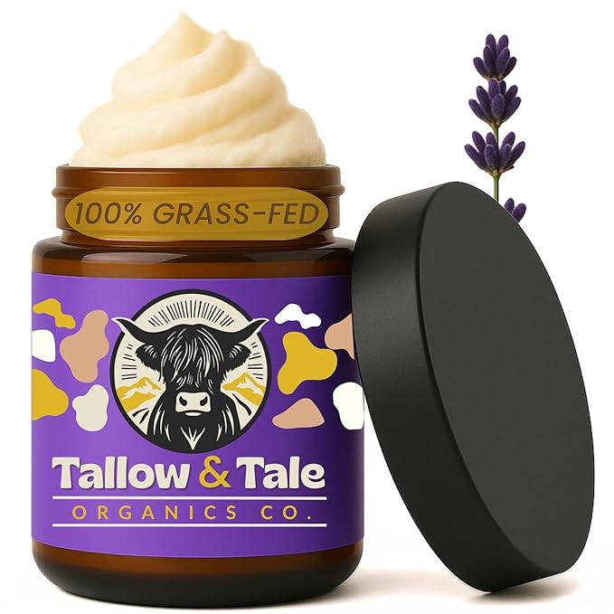 Tallow And Tale Grass-Fed & Finished Organic Tallow Cream | Face & Body Moisturizer | For Sensitive, Dry & Irritated Skin (4 OZ, Lost N' Lavender)