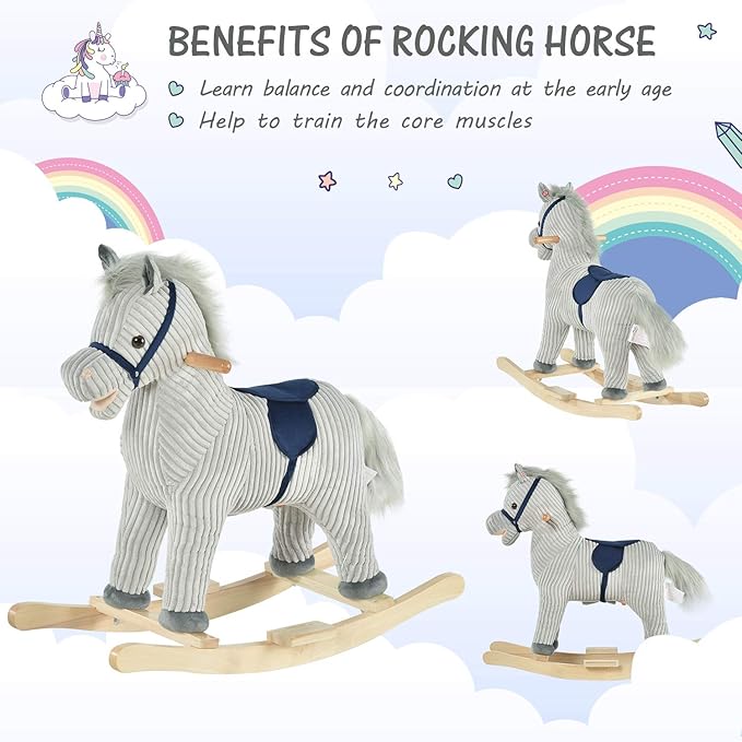 Qaba Kids Rocking Horse for Toddler 3-5, Plush Ride on Horse Wooden Rocker with Realistic Sounds, Gray