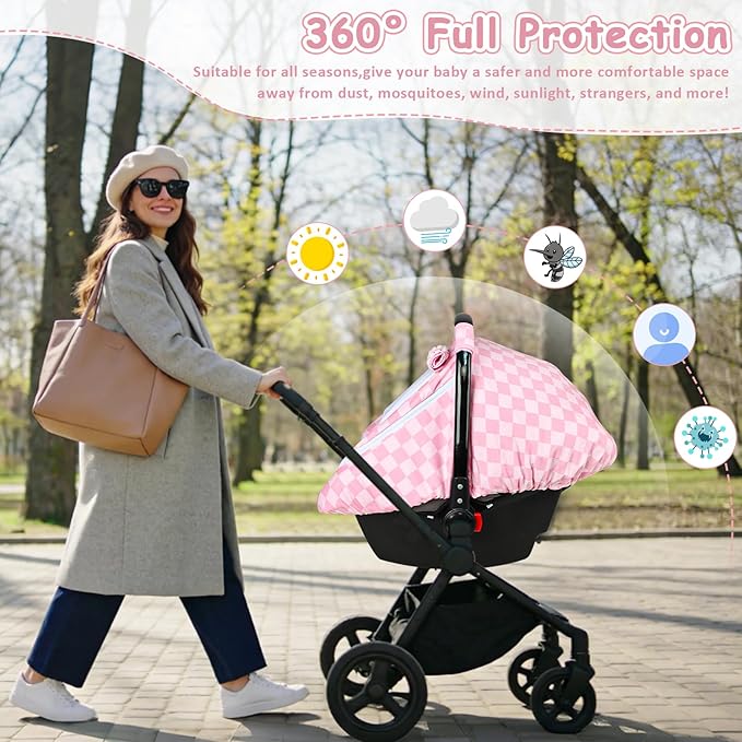 Baby Car Seat Cover with Mesh Window, Windproof Carseat Cover for Infant Girls, Infant Carseat Canopy with with Dual Zipper, Compatible with Most Baby Car Seat, Pink Checkered