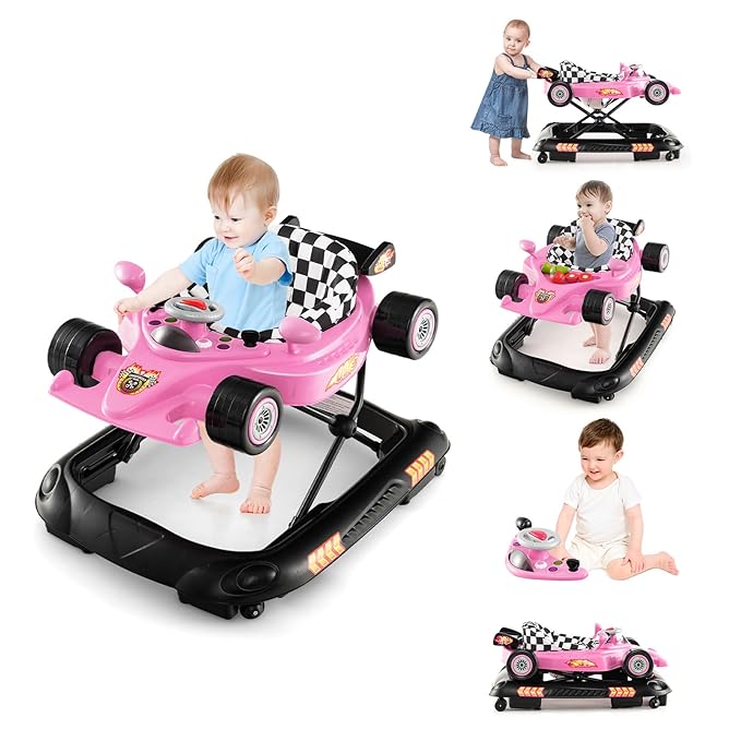 BABY JOY 4-in-1 Baby Walker, Foldable Activity Walker with Adjustable Height, Music & Lights, Anti-Rollover, Toddler Push Walker, Baby Walker with Wheels for Boys Girls 6-14 Months (Pink)