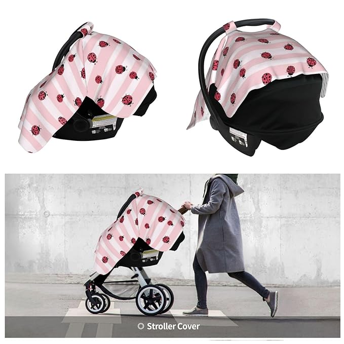 KiuLoam Cute Ladybug On Stripe Baby Car Seat Canopy, Nursing Cover for Mom Breastfeeding Scarf, Infant Car Seat Cover/Multiuse Baby Stroller Covers for Babies Boys Girls