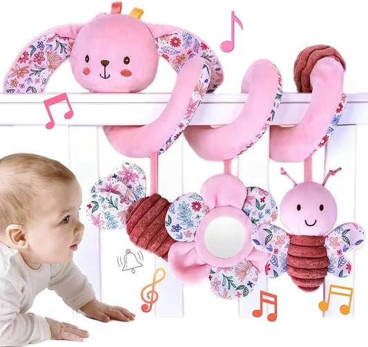 Spiral Car Seat Toy for Babies 0-6-12 Months Girl, Stroller Hanging Baby Toys 0-3-4-5-7-9 Month Old Newborn Infant Rabbit Gift Travel Carseat Mirror Crinkle Plush Bunny Easter Basket Stuffers