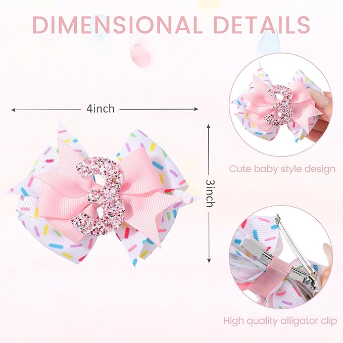Birthday Hair Bow Hair Clips for Girls 1 2 3 4 5 6 Years, Baby Girl Accessories Bow Birthday Decorations, Pink Baby Girls Ice Cream Hair Bows Clips for 3th