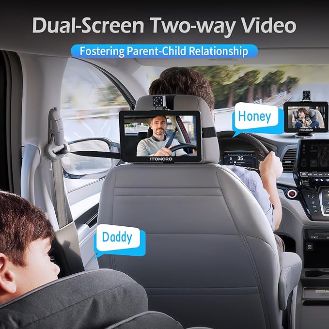 Itomoro Baby Car Camera, 5"+7" 1080P Dual Screen Car Baby Camera with Two-Way Video, Music & Video Play Supported, Night Vision & 150° Wide View Baby Monitor for Car Backseat with 64GB Storage-ACZ419