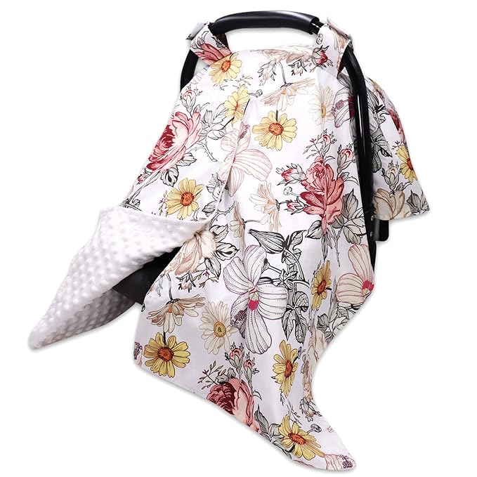 Floral Car Seat Insert,Cushion for Stroller, Swing, Bouncer, 2-in-1 Reversible, Floral Baby Car Seat Canopy Soft Minky Plush Dotted Backing Baby Car Seat Cover Girls, Infant Carseat Canopy