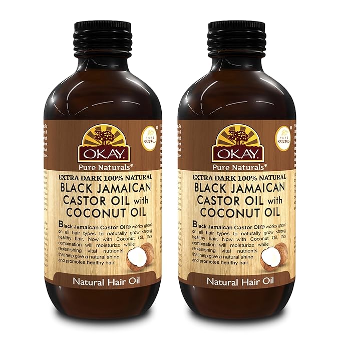 Okay Pure Naturals 100% Pure Black Jamaican Castor Oil with Coconut Oil - Castor Oil for Hair Growth for Men & Women, Moisture for Skin, Scalp, Eyelashes, Eyebrows - 4 oz Glass Bottle (2 Pack)
