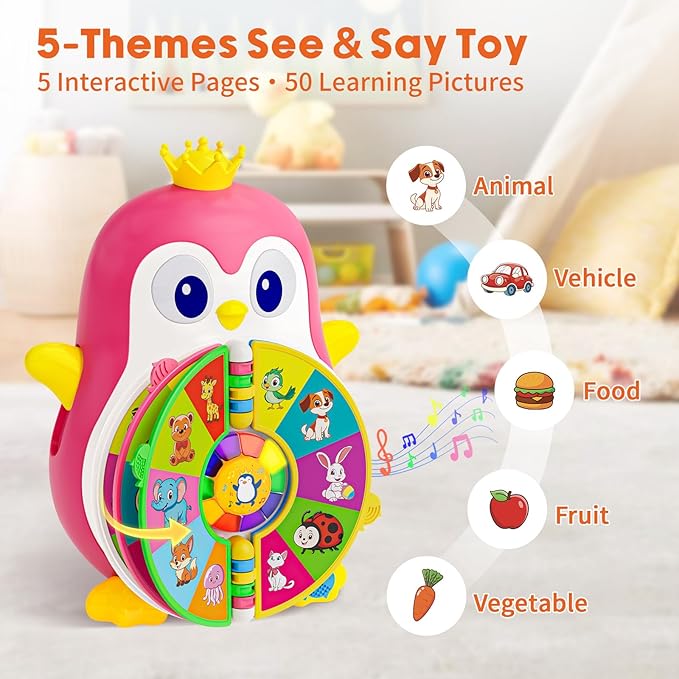 Vahome Musical Penguin Educational Toys for 1,2 Year Old Girl Gifts, Learning Toy for Toddlers 1-3 Yr with 5-Theme Pages, Lights & Music, First Birthday Gift for 1-2 Year Old 12-18 Month Age (Pink)
