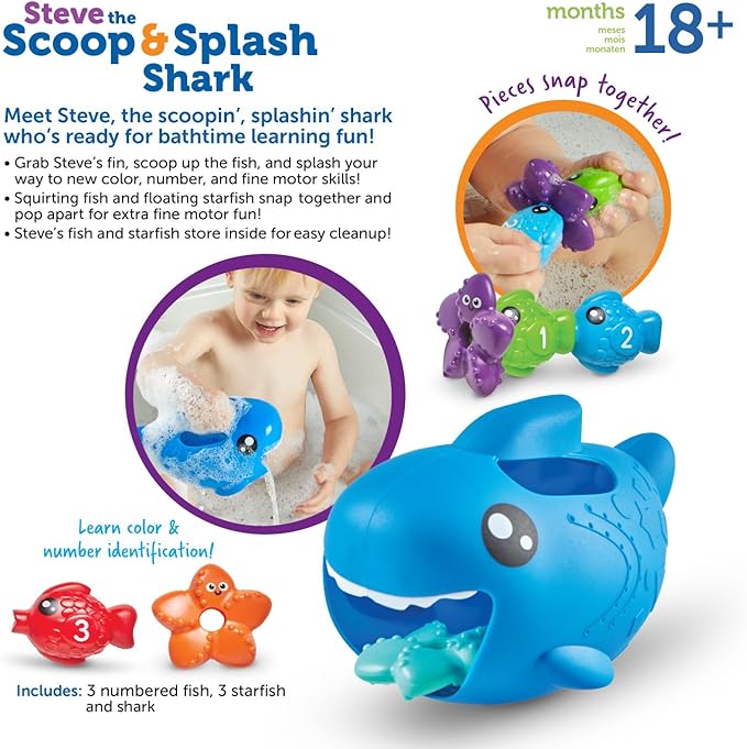 Learning Resources Steve the Scoop & Splash Shark, 7 Pieces, Ages 18 Months+, Toddler Bathtub Toys, Pool Activities for Boys and Girls, Water Games