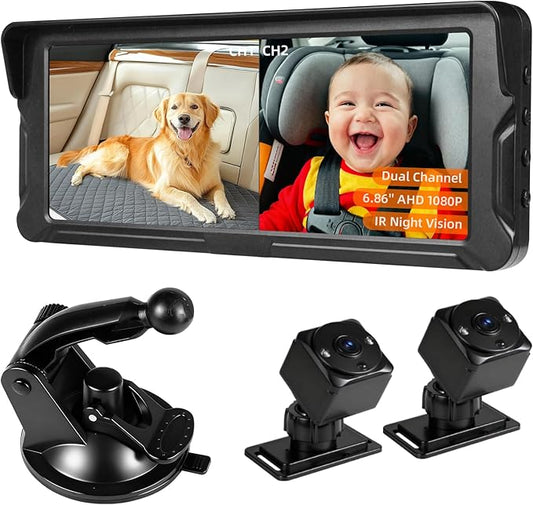 Baby Car Camera for 2 Kids 1080P Split-Screen Monitor Dual Cam Rear-Facing Cameras IR Night Vision 360° Rotatable Backseat Screen, Car Seat Mirror Alternative (0079 with 6.86in Monitor)