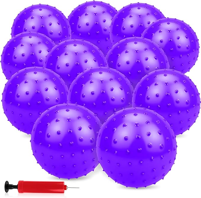 12PCS Bouncy Balls for Kids Toddlers, 7 Inch Sensory Balls Spiky Massage Stress Ball Bulk with Air Pump, Indoor Outdoor Sports Sensory Toys & Party Favors(Purple)