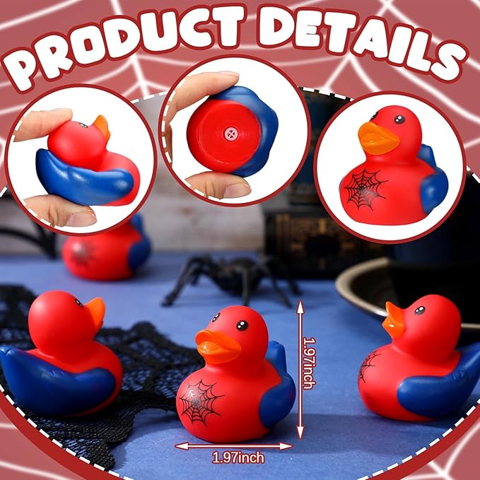 Leyndo 24 Pcs Spiderweb Rubber Duck Bulk Spiderweb Birthday Party Decoration Favors Squeaky Red Blue Duck for Bathtub Floating Pool Gifts Party Supplies