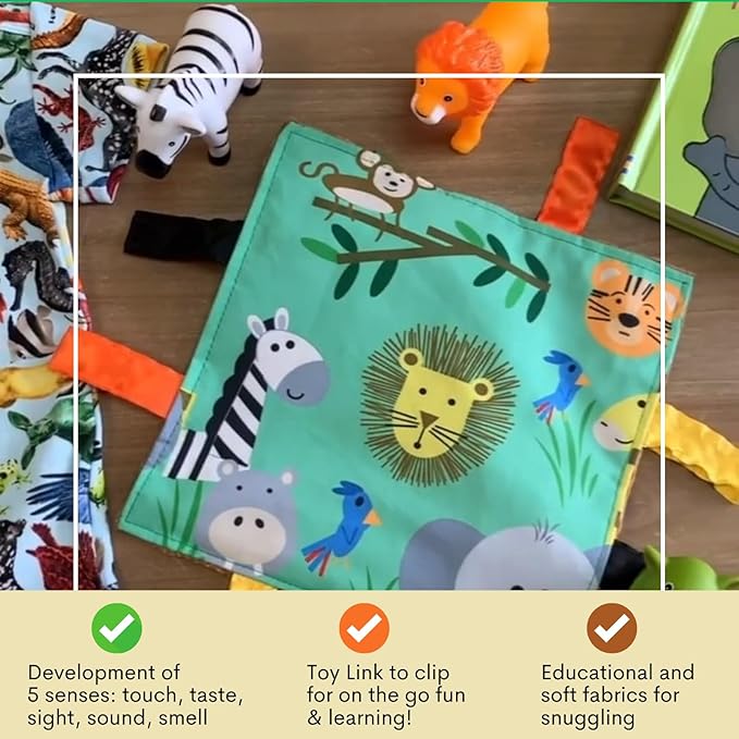 Baby Jack & Co 8x8” Jungle Zoo Animals Lovey Tag Toys for Babies - Crinkle Toys for Development of 5 Senses - Soft & Safe - Learn Shapes & Colors - Tummy Time - Soother - BPA Free w/Stroller Clip