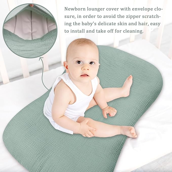 Hooyax Muslin Baby Lounger Cover 2 Pack, Organic Removable Lounger Slipcover for Newborn, Baby Padded Lounger Infant Floor Seat Covers for Boys Girls (Light Green & Leaf)