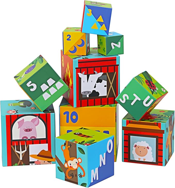 10 Pcs Nesting and Stacking Blocks for Toddlers 1-3 - Cardboard Stacking Cubes with ABC & Numbers - Montessori Educational Learning Toy - Sturdy Toddler Tower Building Set for Kids
