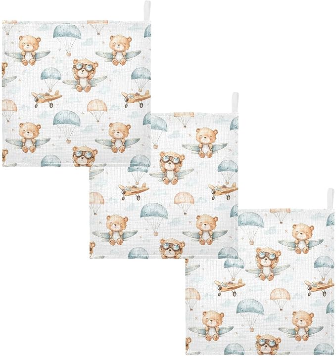 vvfelixl Cute Bear Pilot Baby Burp Cloths Baby Muslin Washcloths for Boys Girls Cotton Babys Face Towel for Newborn Infants Soft and Absorbent 11.8 X 11.8 in, 5 Pack