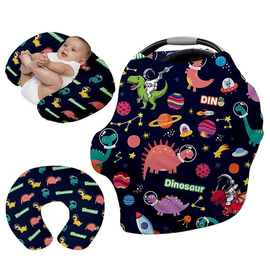 Personalised Car Seat Cover for Girls and Boys - 7 in 1 Deep Blue Dinosaur Print Multipurpose Breast Feeding Cover, Nursing Cover, Grocery Cart Cover - Birthday Gift for Babies(27"x29")