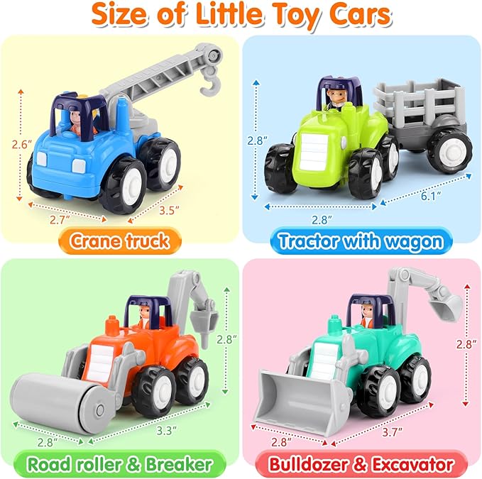 ORWINE Inertia Trucks Toy Cars, Early Educational Baby Boy Toys 18 Months, Push and Go Cars Gifts for Boys & Grils, 4PCS Construction Vehicles for Toddler Outdoor & Indoor