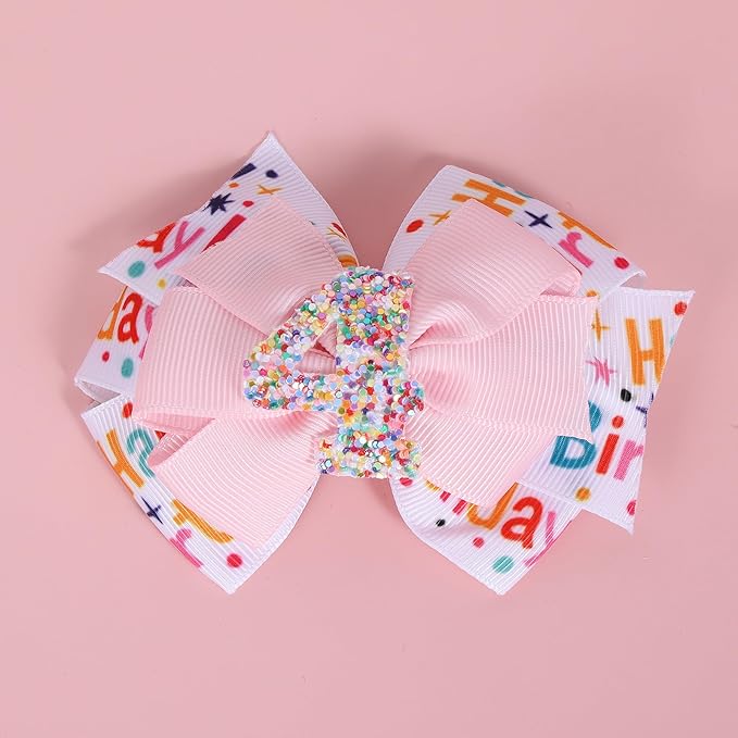 3.5-Inch Happy Birthday Hair Bow Clips for Girls,Glitter Pink Sprinkle Bow Barrettes Alligator Hairpins,Teens Toddlers Kids 4th Birthday Party Dress outfits Decor Accessories Gift