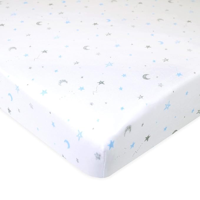American Baby Company 3 Pack 100% Natural Cotton Fitted Pack and Play Sheets 39" x 27" - Soft & Breathable Pack N Play Sheets for Playard & Mini Crib Mattress, Blue Star/Zigzag, for Boys & Girls