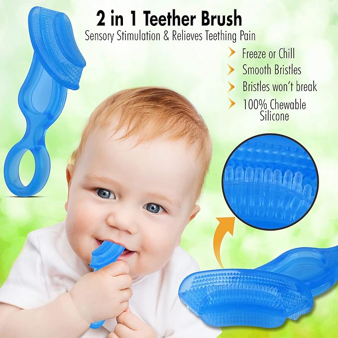 First Teeth Oral Care Kit by Brilliant Oral Care- Set has Baby's 1st Teether-Brush, Brilliant Baby Toothbrush and 2oz Spry Xylitol Tooth Gel, Infants Age 4 Months Old and Up, Baby Must Haves, Blue