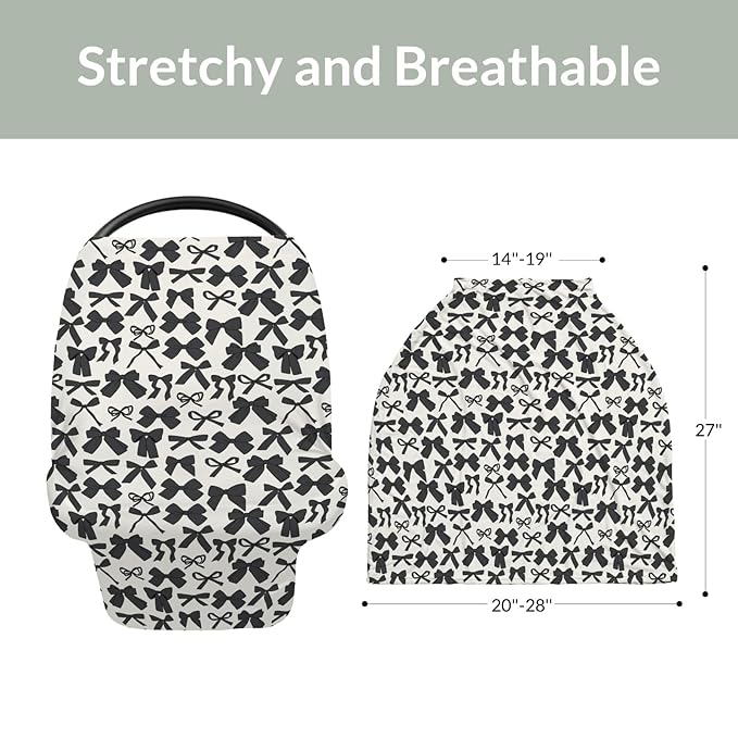 Black Bows Car Seat Cover for Baby Valentine Bows Stretchy 5-in-1 Cover Adjustable Car Canopy Cover Spring Black Ribbons Breathable Nursing Cover-Up