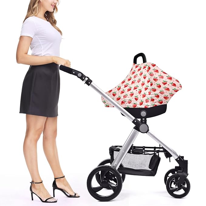 Baby Car Seat Stroller Covers Strawberry Fruit Summer Nursing Cover Breastfeeding Scarf Soft Breathable Stretchy Infant Car Canopy Coverage Carseat Cover for Boys and Girls Multi Use