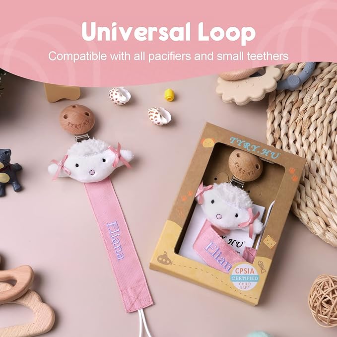 TYRY.HU Personalized Pacifier Clip with Name for Girls, Customize Pacifier Leash, Embroidery Soft Ribbon Pacifier Holder Clips, Universally Fit All Pacifiers & Toys, White Sheep