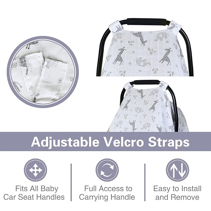 Metplus Car Seat Cover Baby boy, 100% Muslin Cotton Infant Carseat Covers, Lightweight Breathable Car Seat Canopy, Summer Stroller Sun Shade, Newborn Travel Essentials(Elephant Giraffe)